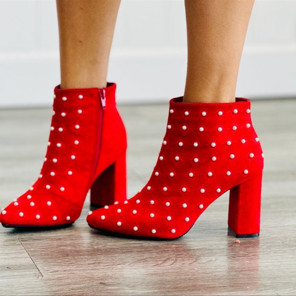 Red Pearl-Embellished Ankle Boots